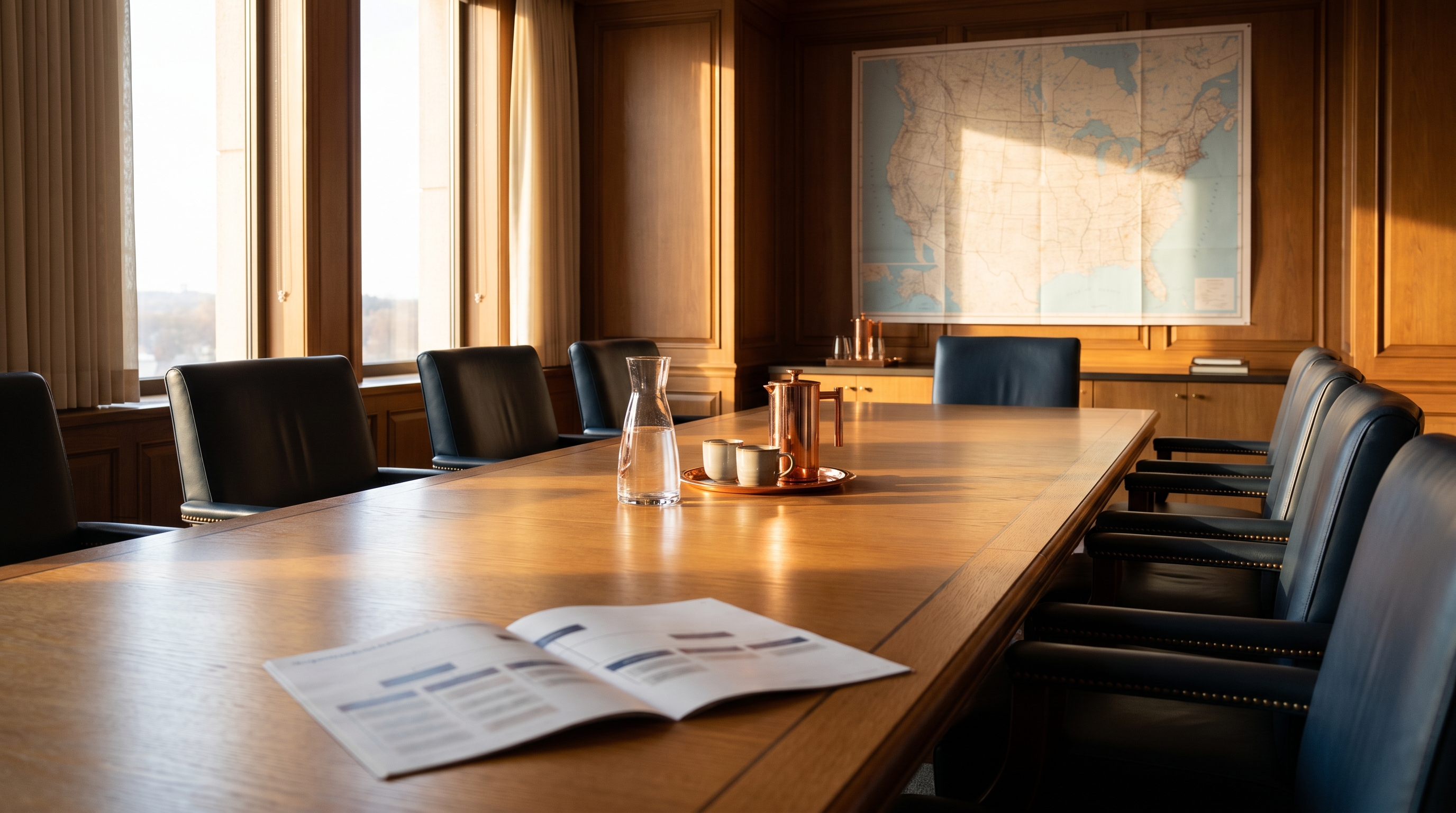 Polished wood-paneled boardroom with a long oak conference table, a folded territory wall map, and a printed organizational chart.
